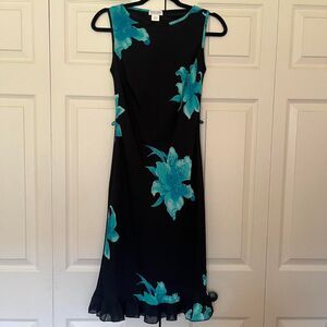 Vintage 90s Y2K Studio Soleil black blue floral sleeveless dress size small